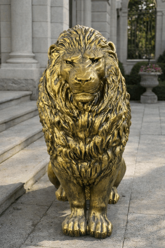 Золотая скульптура льва «Королевская Архитектура» — классическая садовая статуя с эффектом бронзы для входной группы и ландшафта