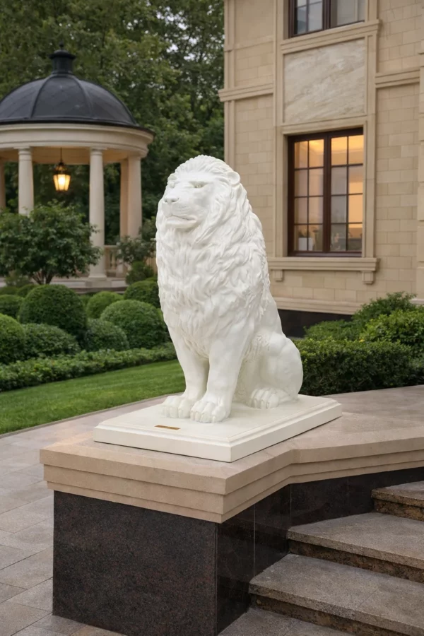 Скульптура лев из архитектурного бетона белый — садовый декоративный лев премиум класса GNEDKOV.ART