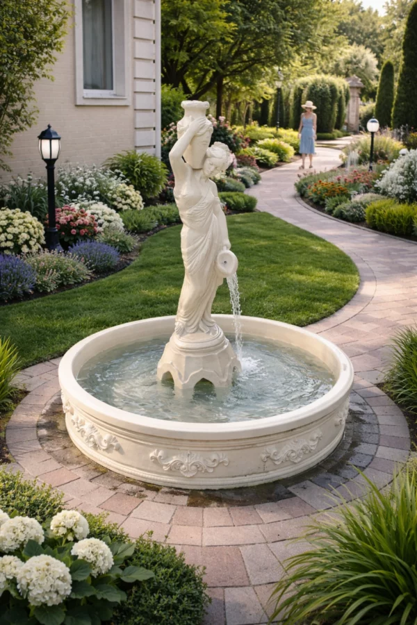 Классический фонтан Девушка с амфорой бежевый с водой в ландшафтном дизайне частного дома, дневной вид