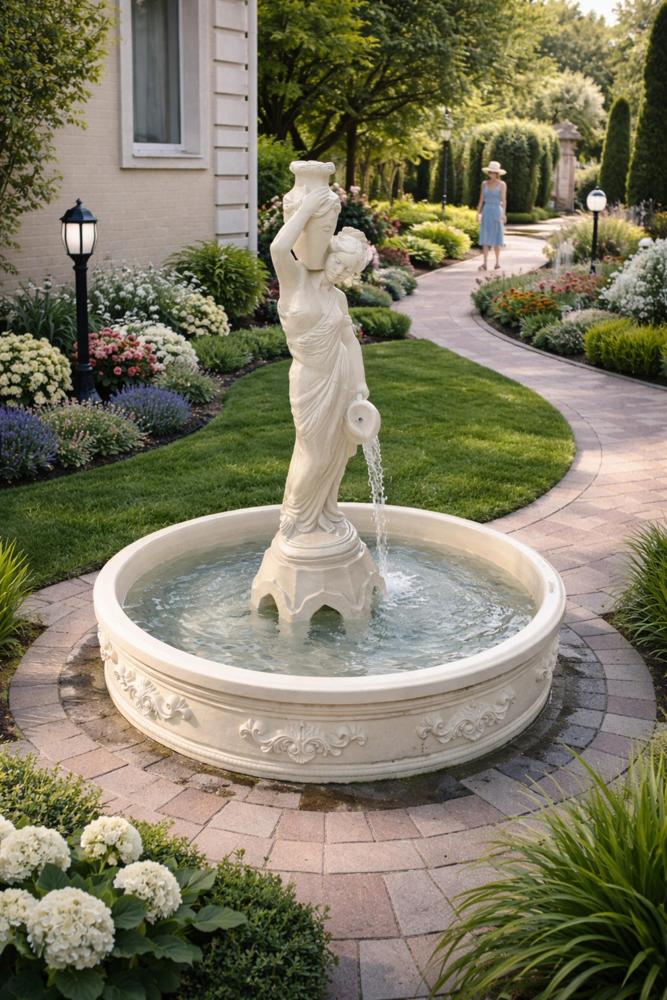 Фонтан Флоренция и девушка с кувшинами Ø150 см - бежевый 1 Классический фонтан Девушка с амфорой бежевый с водой в ландшафтном дизайне частного дома, дневной вид