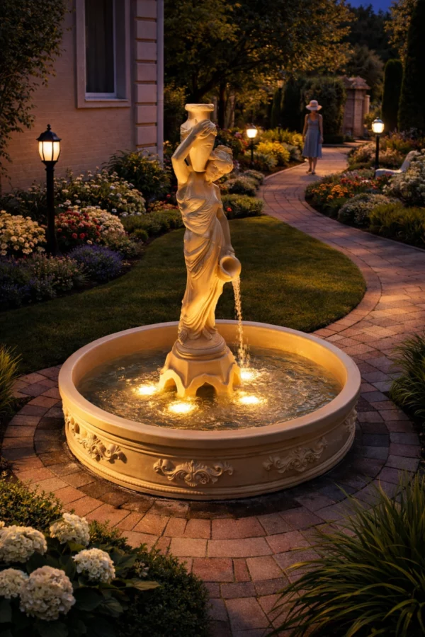 Фонтан Девушка с амфорой бежевый с подсветкой вечером в благоустроенном саду частного дома