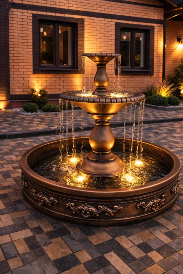 Фонтан Флоренция Аркадия 150 см с подсветкой, вечерний вид, античная бронза