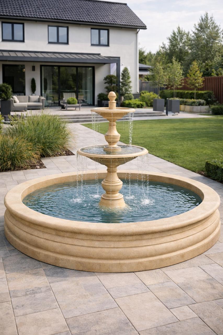 Фонтан Мещерский Ø350 см – бежевый 1 Сборный садовый фонтан из камня Мещерский gnedkov art королевская архитектура фонтан уличный садовый из бетона horeca