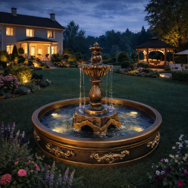 Бронзовый садовый фонтан Венеция 150 см с вечерней подсветкой на частном участке бизнес-класса в Подмосковье
