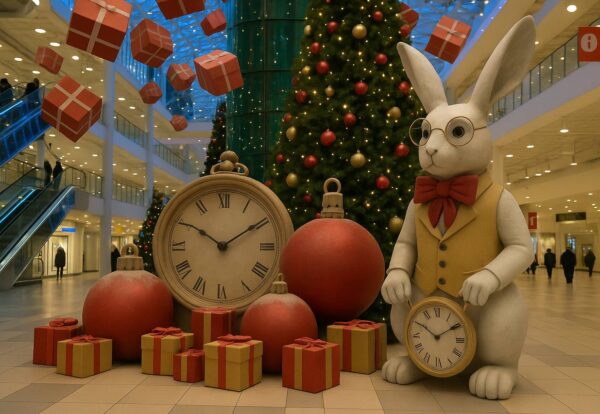 арт-объект заяц с подарками